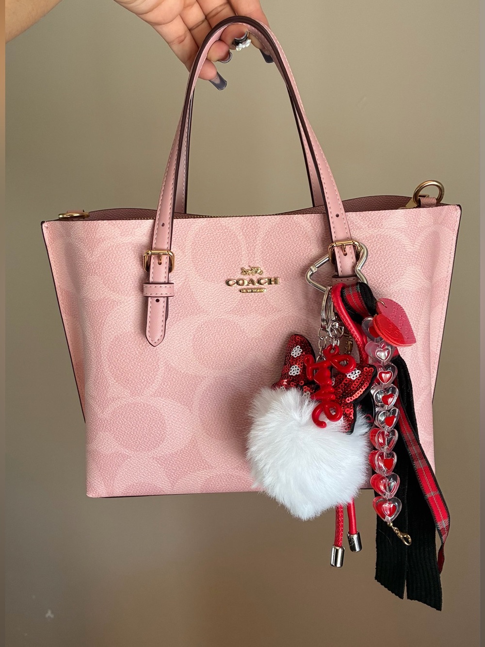 Coach Pink Signature Tote with Red & White Pom Pom Bag Charm
